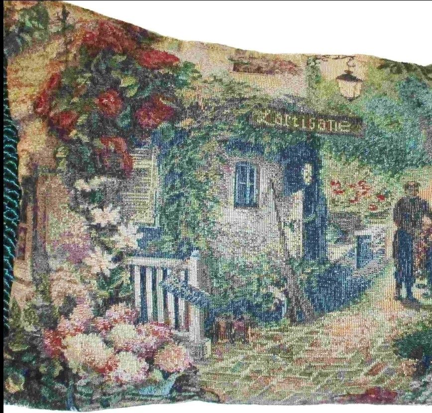 Turn-of-Century French Village Tapestry Pillow, Velvet Back, Fringe, vintage oillow