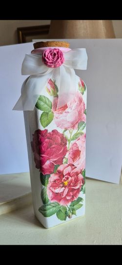 Hand designed decoupaged tall bottle with Cork top