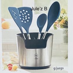 Princess House  Juego De 4 Utensilios Azules Y Organizador Nuevos En Sus Cajas 