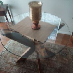 Small Glass Top Table With Oak Pedestal 