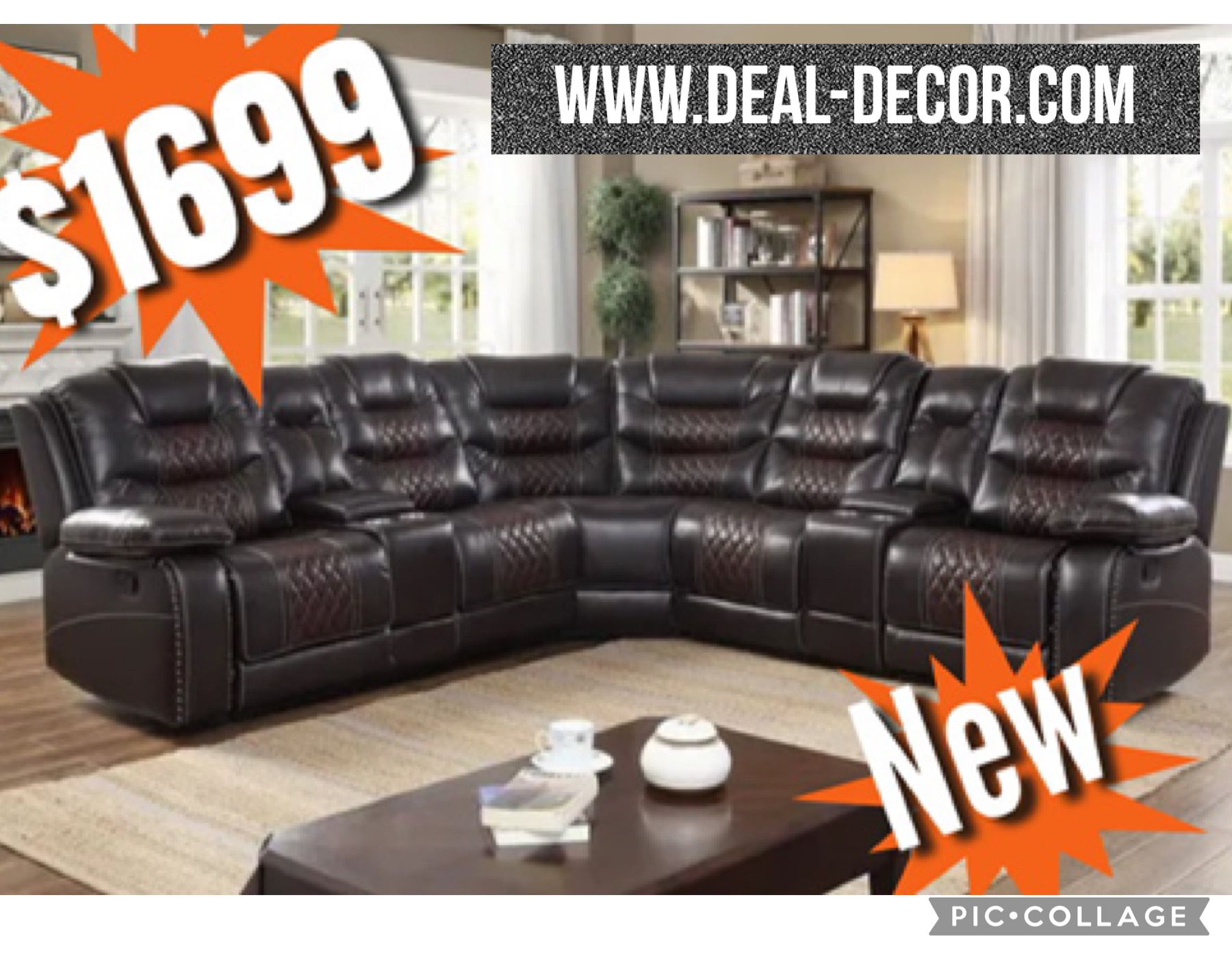 New Two-time Brown Leather Reclining Sectional Sofa Couch With Cupholders & Consoles 
