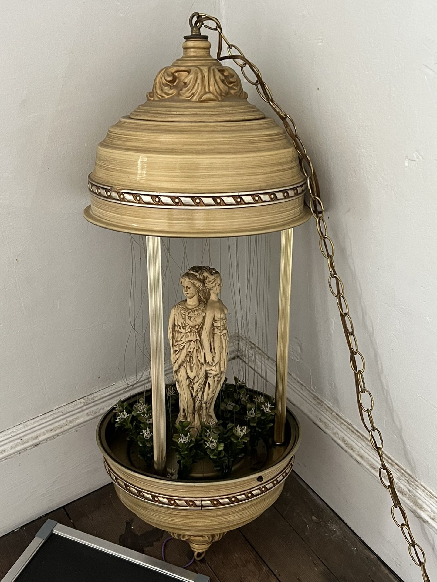 Vintage 70's Hanging Mineral Oil Rain Lamp W/3 Gold Goddess Statue Mint for Sale in...