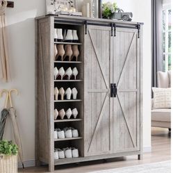 Shoe Storage Cabinet with 2 Sliding Door, 7-Tier 62" Tall Farmhouse Entryway Shoe Organizer, Freestanding Rustic Hidden Shoe Rack Cabinet for Entryway