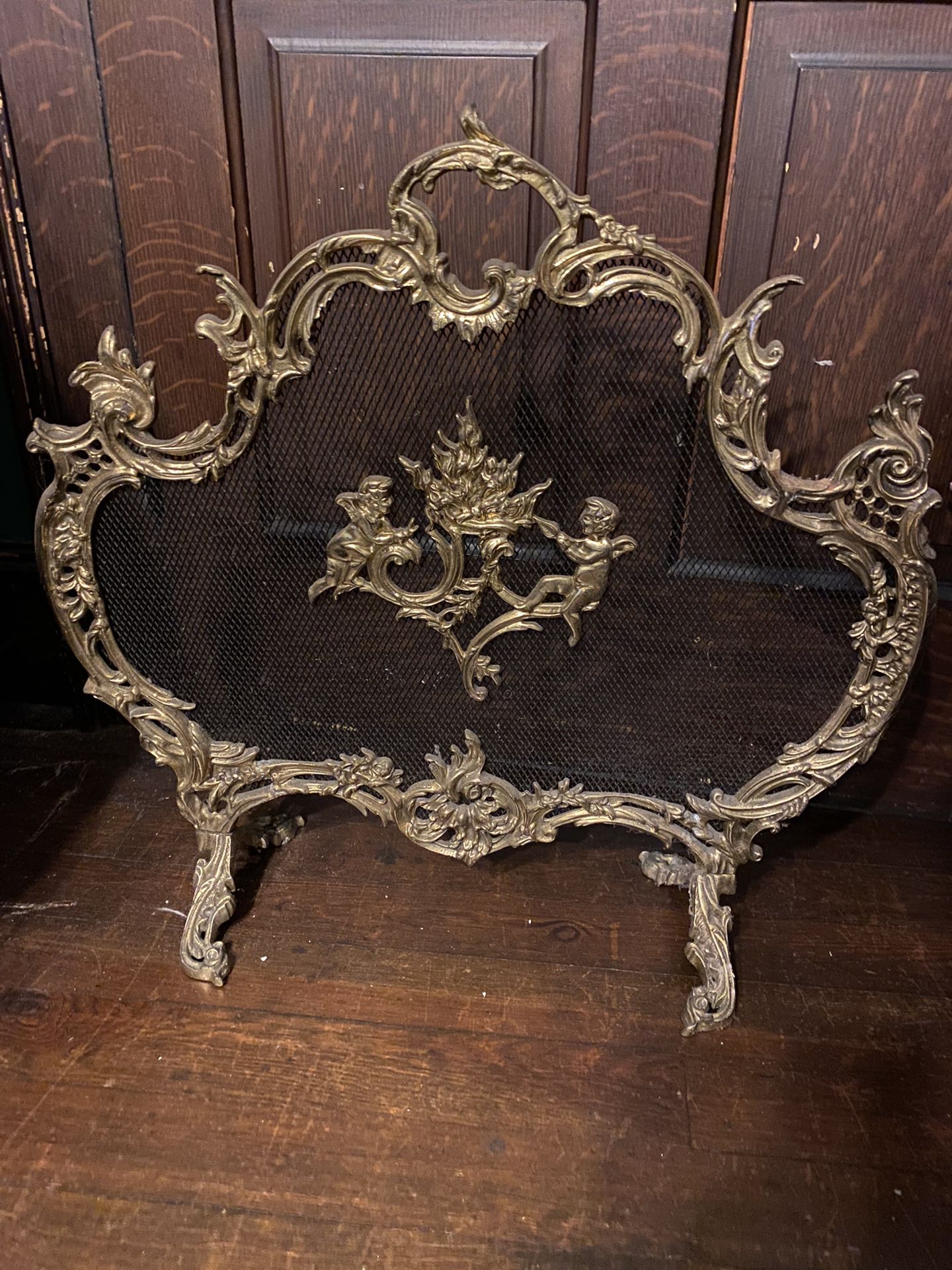 Solid Brass French Rococo Style Cherubs Fireplace Screen BONUS!Comes wBRASS fireplace tools in-pic!