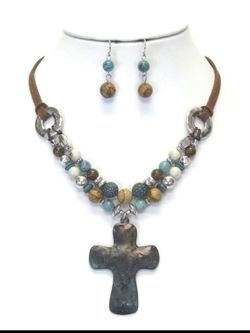 Hammerd metal cross and multi ball mix chain necklace set. Handmade