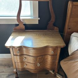 Vintage Wood Dresser Vanity w/ Decorative Back & Glass Knobs