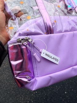Purple Clear Daisy Tote Bag Insulated Bottom with Pouch