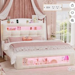 Full Size Upholstered Platform Bed Frame with LED Lighting, Storage Headboard and Footboard, Remote/App Control, No Box Spring Needed,White (Full)