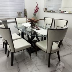 Glass Wood Dining Table W/ 6 Free Chairs