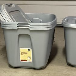 Four (4) 18 Gallon Gray Storage Bins Totes Perfect For Garage