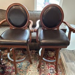 2 Beautiful Leather And Wood Bar Stools  - REAL furniture
