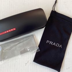 NEW Prada Hardshell Eyeglass Case Clamshell Closure + Protective Pouch + Cleaning Cloth 