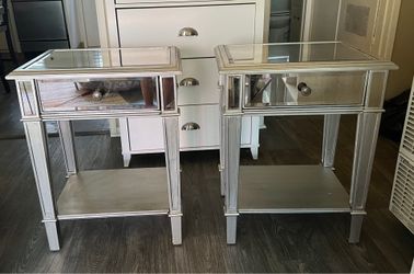 Mirror, silver, drawer, Pier One night stands, side table, bottom shelf.  Glamour, vintage vibe.