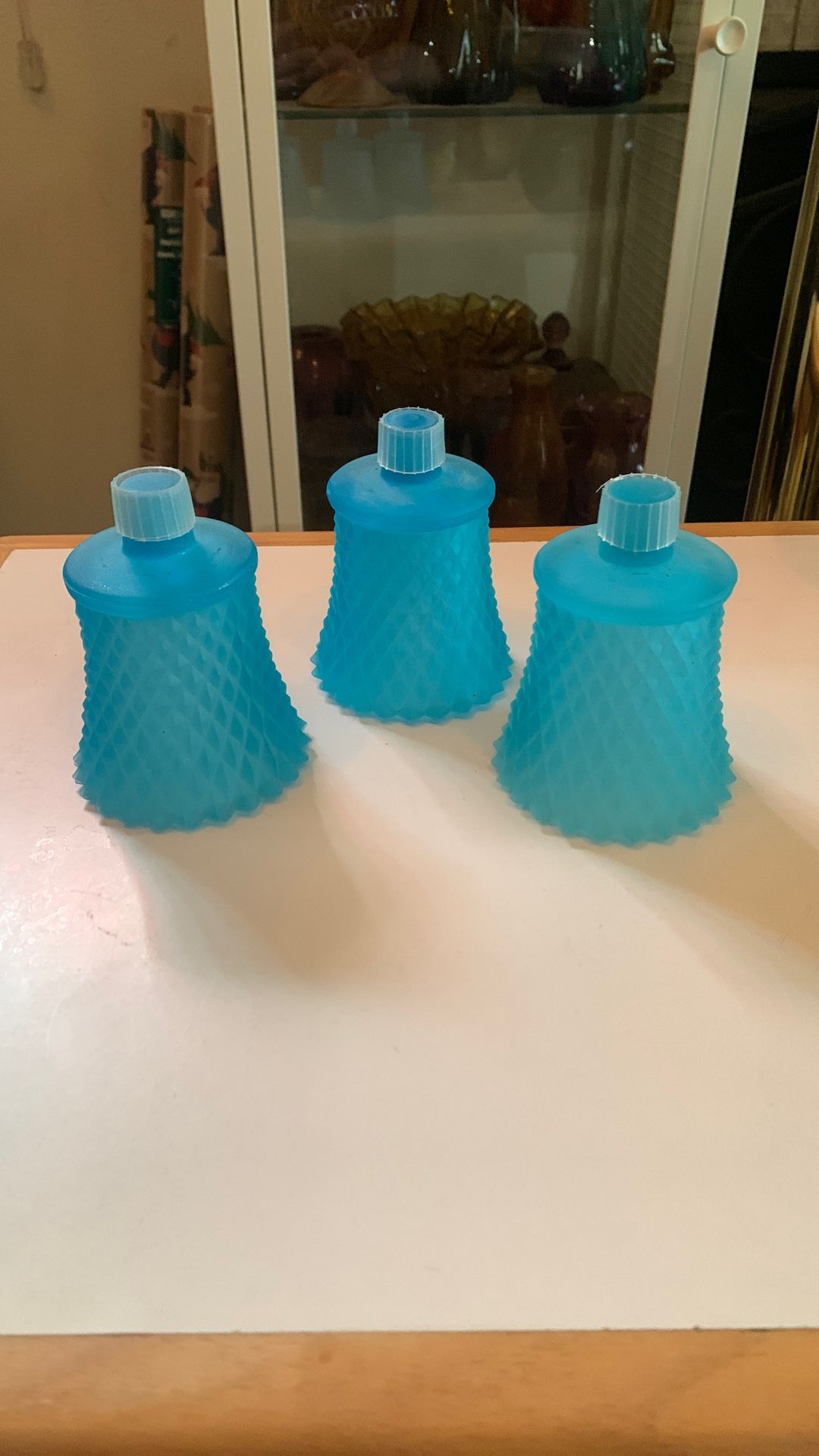 Vintage Blue Satin Diamond Point Peg Votive Candle Holder Set of (3)