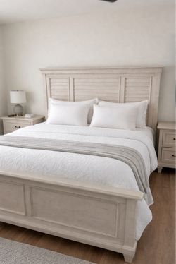 King White Wood Panel Bed Frame with Headboard