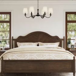 Aubel Dark Walnut Brown Mid-Century Solid Wood Frame King Size Platform Bed with Herringbone-Inspired Pattern Headboard