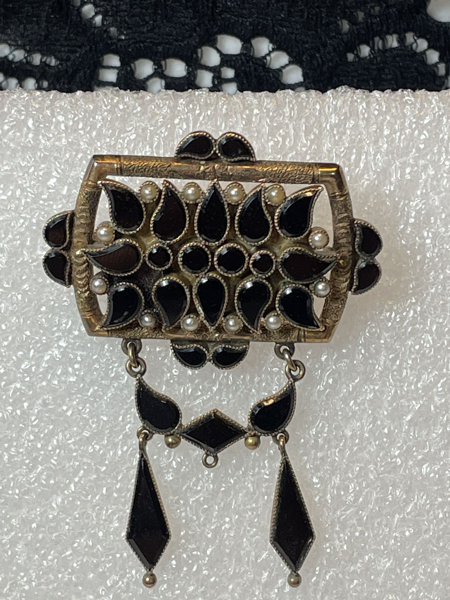 Antique 12KT Rose Gold Victorian Black Onyx Dangle Brooch / Pin