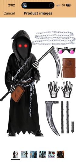 Grim Reaper Costume Kids Boys,7 PCS Scary Halloween Costumes for Kid Kids Grim Reaper Costume Set with Robe,Hood,Glowing Red Eyes,Grim Reaper Scythe,C
