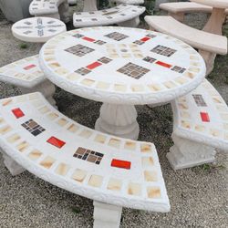 Concrete Mosaic Picnic Table with 3 Benches/ Outdoor Patio Furniture
