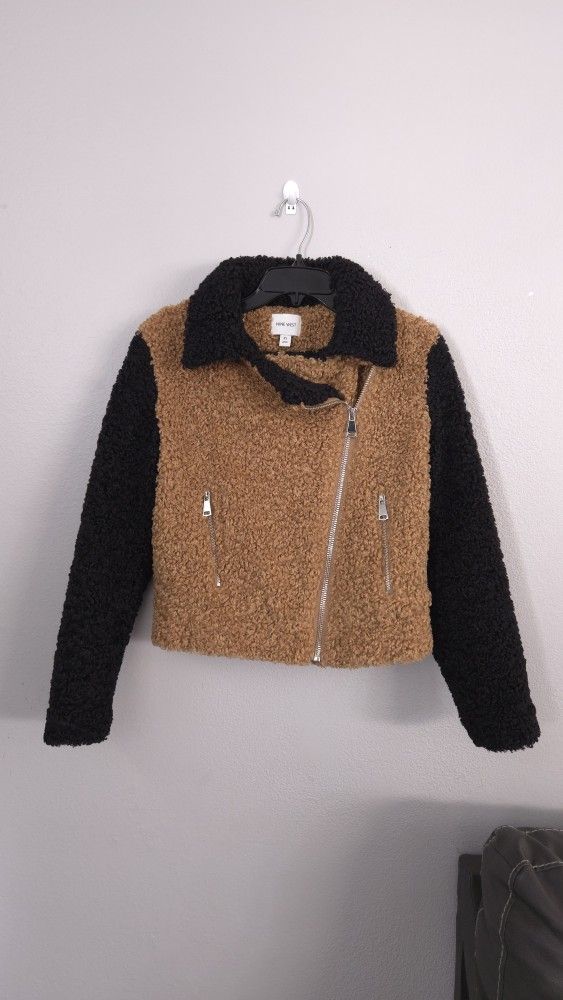 Nine West Sherpa Moto Jacket Teddy Faux Fur Chic Brown Tan Black