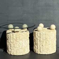 PRICE DROP!!  Vintage, Postmodern Tessellated Stone Circular Side Tables (2), Beveled Glass Top (1)
