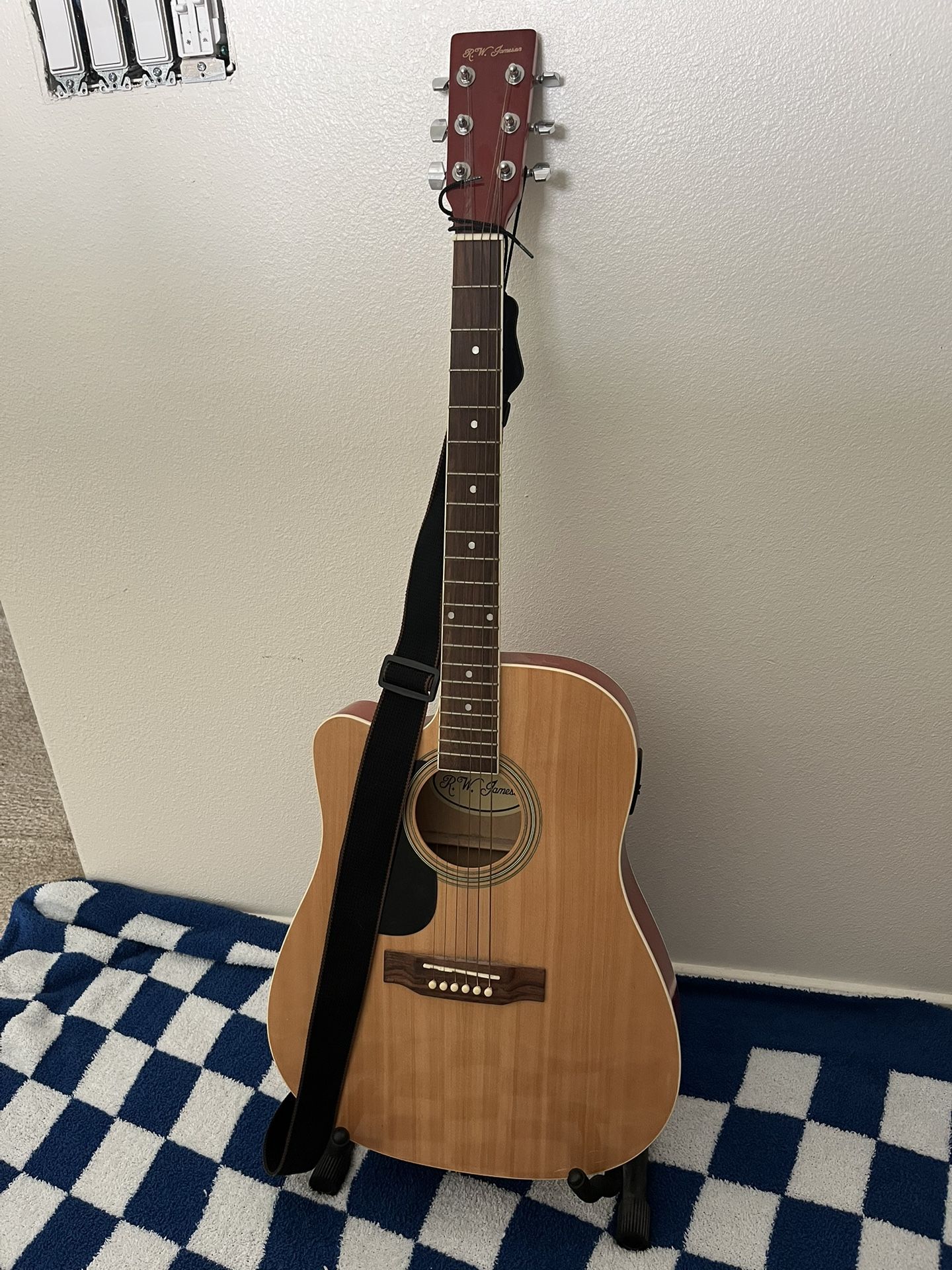 R.W. Jameson Left Handed Acoustic Guitar With Strap And Stand Slightly Used