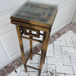 Vintage MCM 28” X 8” Bamboo Plant Stand With Square Glass Top.  Great For Planter, Lamp, Statue, Sculpture Art, Plant, Flower Vase, Etc. 