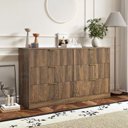 6 Drawers Fluted Dresser for Bedroom, 55" Wide Wooden Dresser with Deep Drawers, Large Floor Chest of Drawers, Modern Long TV Stand, Storage Cabinet S
