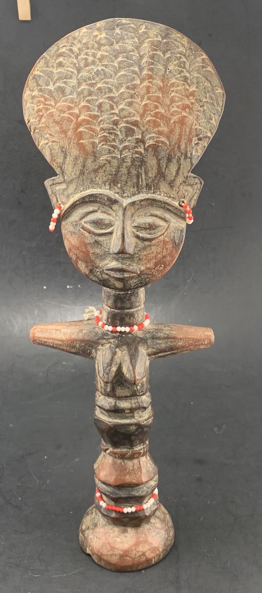 Vintage Hand Carved Wood 13” African Fertility Statue With Red And White Seed Beads