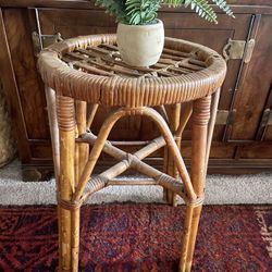 Vintage Rattan Wicker Stool Plant Stand 