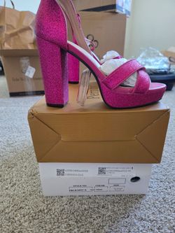 Hot Pink Glitter Platform Block Heel Sandals