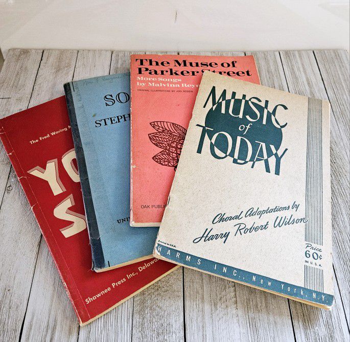 Vintage Set of 4 Song Books The Muse of Parker Street 1967, Songs of Stephen Foster 1946, Music of Today 1948 & Youth Sings 1954 Paperback Phamplets. 