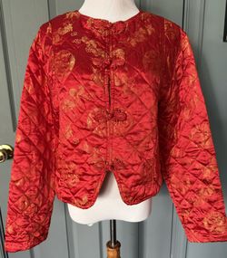 INDO-CHIC Silk Red On Gold Dragon Jacquard Diamond Quilted Bed Jacket. 