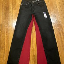 Red And Black Straight Flared Jeans With Back Red Pockets