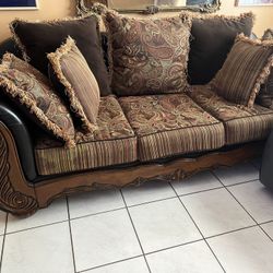 Sofa, beautifully carved authentic wood in leather
