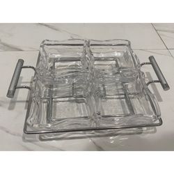 5pc Mod Wave Square Appetizer / Snack Serving Dish Tray Set Glass & Chrome MCM 5 piece