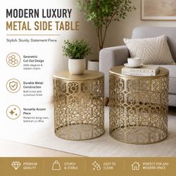 Set of 2 Modern Gold Metal Side Tables – Geometric Accent End Tables for Living Room & Bedroom