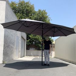 (NEW) $95 Large 15 FT Double Sided Umbrella Outdoor Patio, Gray/Red color (Weight base not included) 