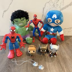   Marvel Superhero Plush and Action Figure Set includes Spider-Man, Hulk, Captain America, and Thor figures. Perfect for collectors and fans.