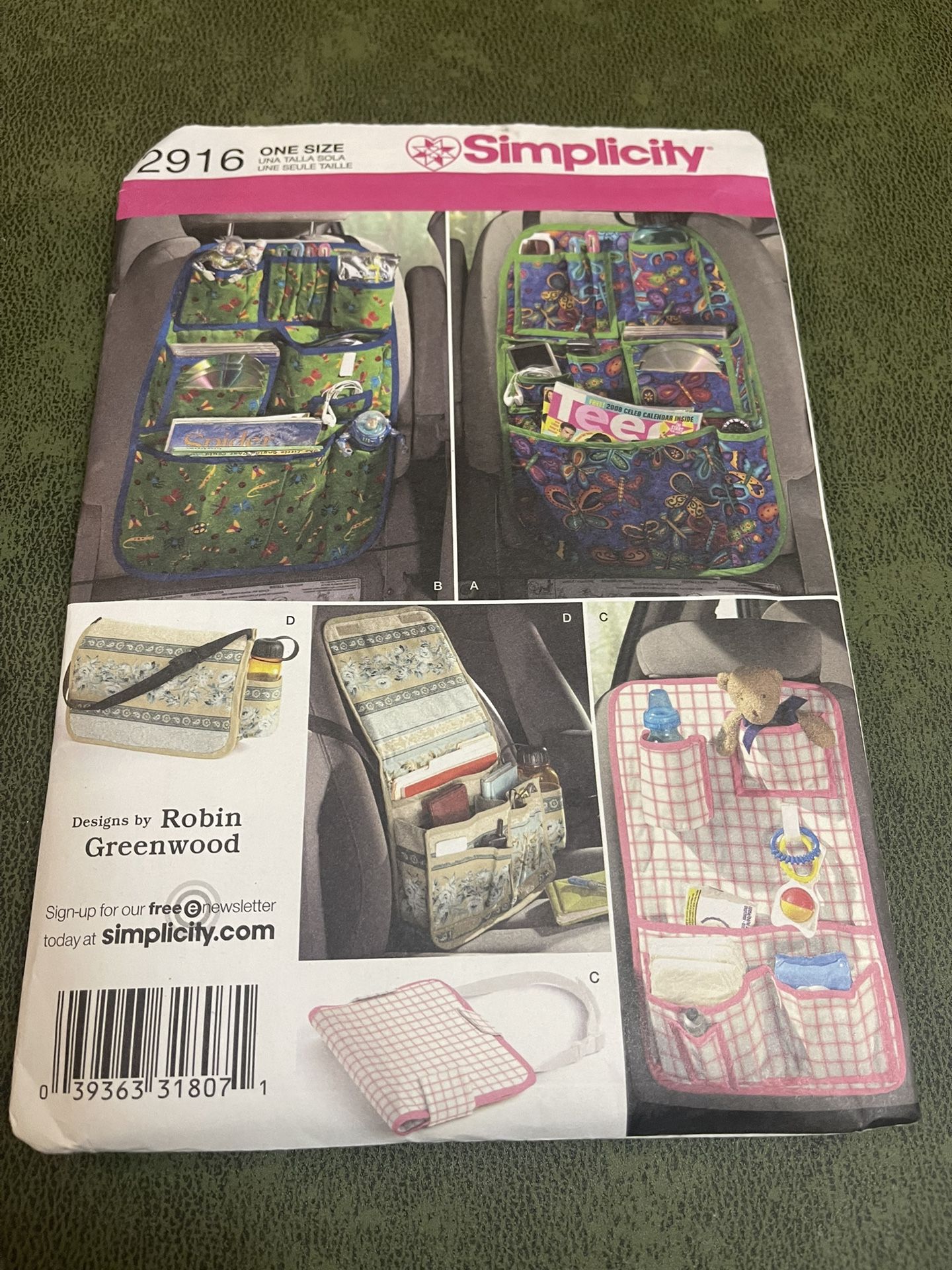Simplicity 2916 Car Seat Organizer Pockets Tote Bag Pattern Toy Baby Travel