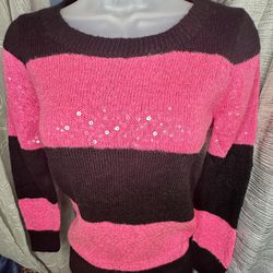 POOF! Black, Pink, Sparkle Sequin Scoop Neck- Juniors Women’s Sweater Blouse SM