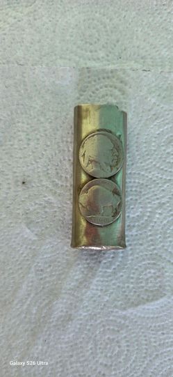Vintage metal lighter decorated  Case with two US Buffalo nickels Used
