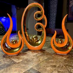 Modern Abstract Sculptures – Orange & Gold Décor (Set of 3) 