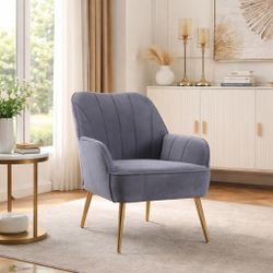 Gray Modern Chic Mid-Century Velvet Accent Armchair, Design with Gold Flared Legs [NEW] **Assembly Req** 