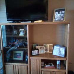 Solid Oak TV Stand With Glass Shelves