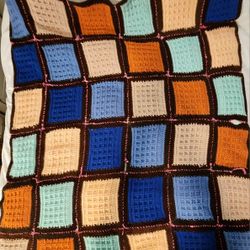 48x62 Knitted Colorful Squares Blanket Needs Repairs