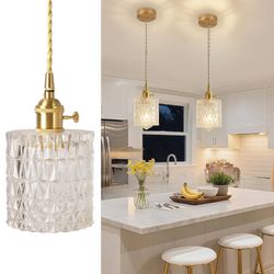 Set Of 2 Vintage Nordic Single Head Pendant Lights Brass Body Crystal Glass Shade