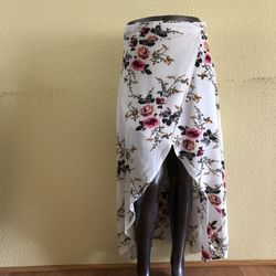 White Floral Asymmetrical  Wrap Skirt