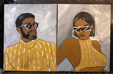 Matching Couple Portrait Canvas Set – Man Woman Painting, Gold Grey Wall Art