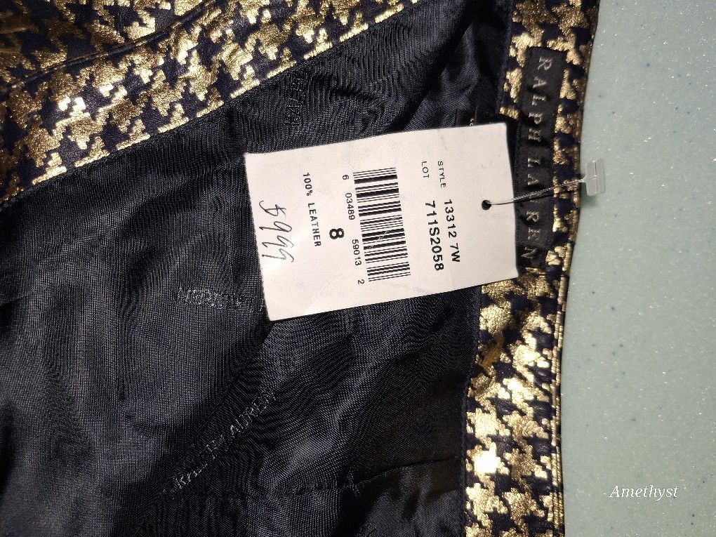 Ralph Lauren 100 % Real Lether Black And Gold Pencil Skirt